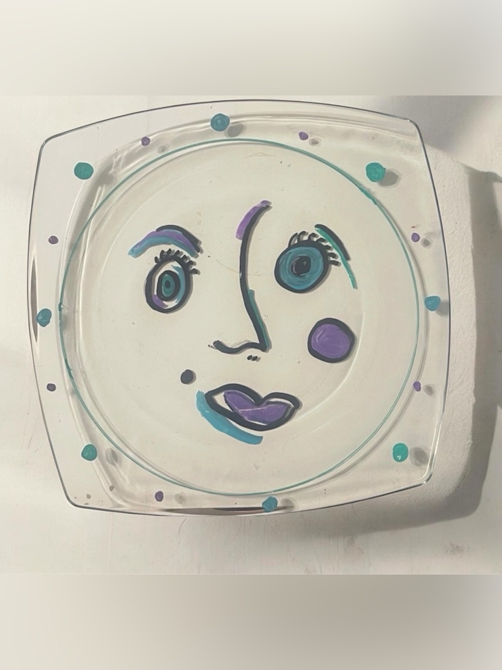 “12” Hand-Painted Transparent Glass Face Plate – One-of-a-Kind Whimsy Art Decor